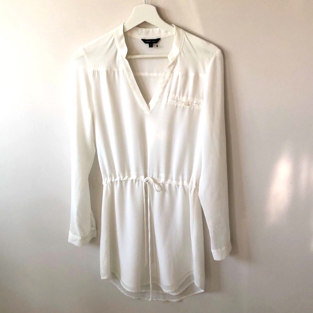 White Long Sleeve Mini Dress with Waist String.